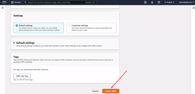 Facebook and Amazon DynamoDB integration | Click "Create table"