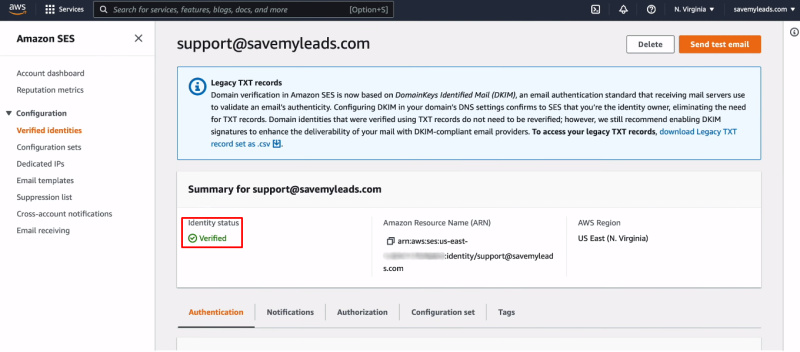 Facebook and Amazon SES integration | The email address has been verified