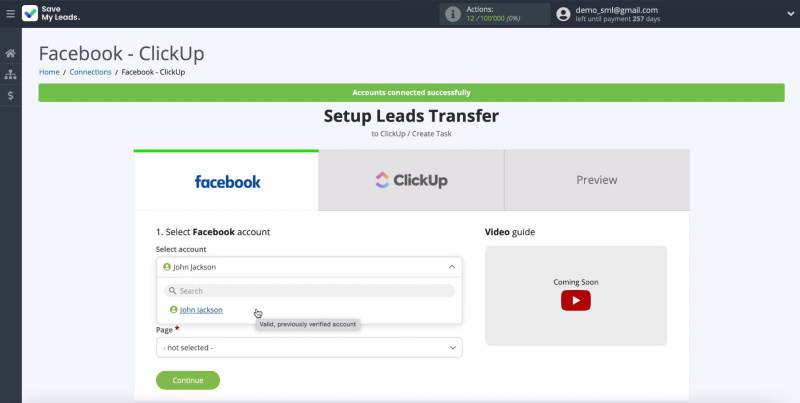 Facebook and ClickUp integration | Select an account