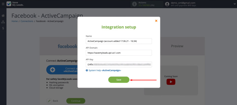 Facebook and ActiveCampaign integration | Insert values&nbsp;into the “API Domain” and “API Key” fields