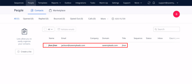 Facebook and Reply integration | A test contact has been added