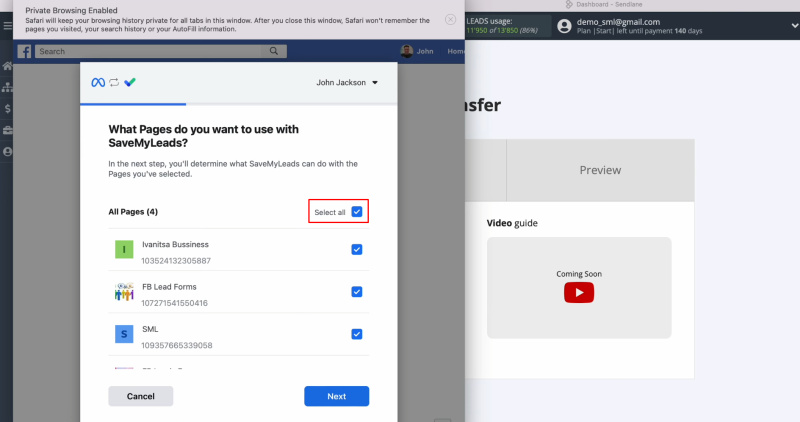 Sendlane and Facebook integration | Select all advertising pages