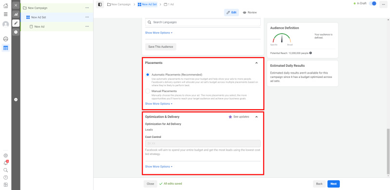 How to Set Up Facebook Lead Form Ads | Setting up placements, optimization and impressions