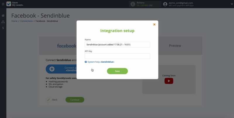 Facebook and Sendinblue integration | Window for entering key