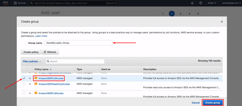 Facebook and Amazon SES integration | Check&nbsp;item “AmazonSESFullAccess”