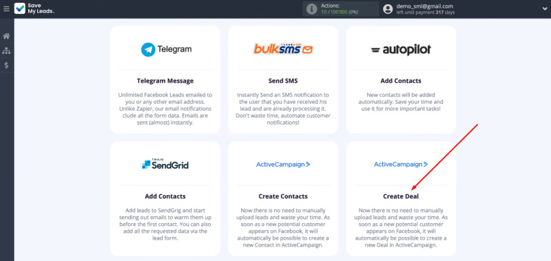 Facebook and ActiveCampaign integration | Select the template “ActiveCampaign (Create Deal)”