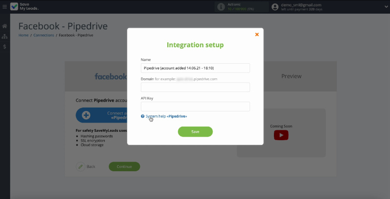 Facebook Leads Ads and Pipedrive CRM integration | Domain and API key entry window