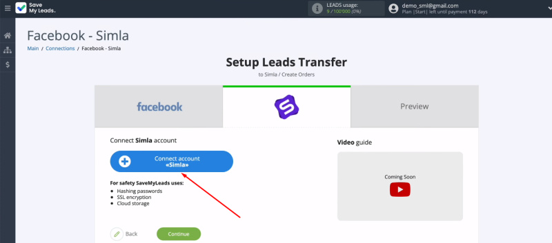 Facebook and Simla integration | Click "Connect account Simla"
