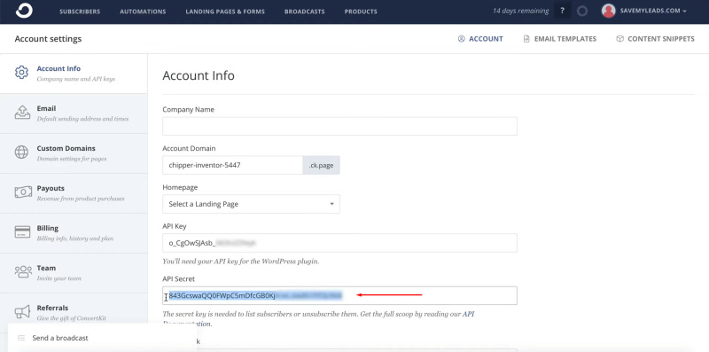Facebook and ConvertKit integration | Copy the API secret