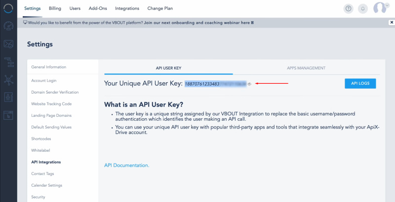 Vbout and Google Leads integration | Copy the API key