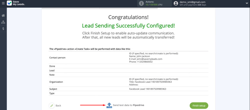 Facebook and Pipedrive integration | Send test data