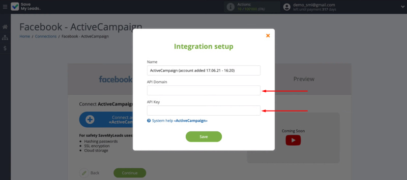Facebook and ActiveCampaign integration | "API Domain" and "API Key" fields