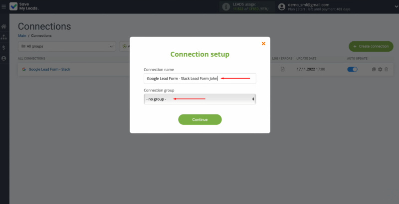 Google Lead Form and Slack integration | Change the connection name and add it to the group