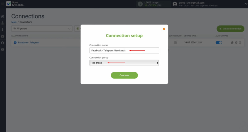 Facebook and Telegram integration | You can change the connection name and add it to a group