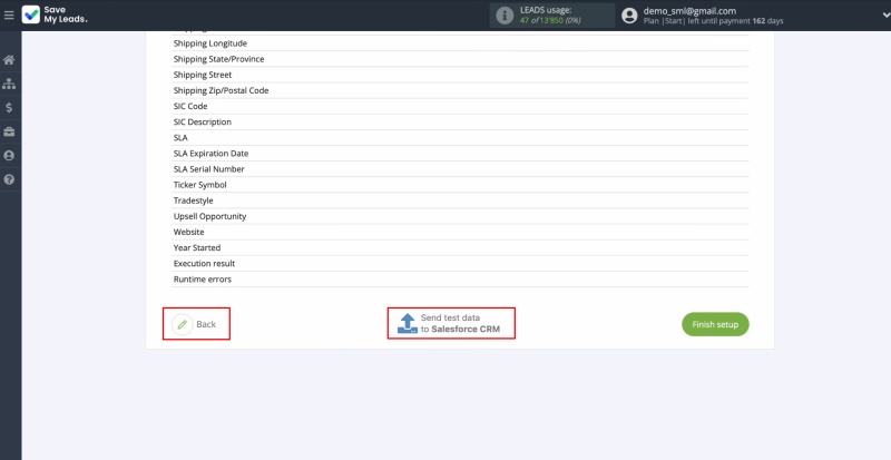 Click "Send test data to Salesforce CRM"