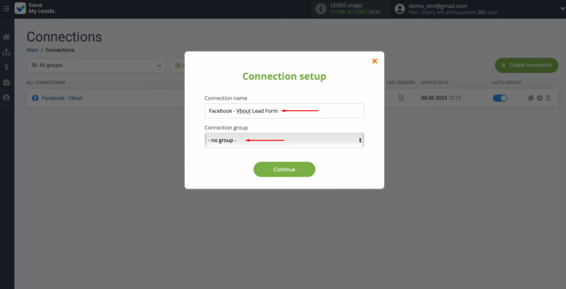 Facebook and Vbout integration | Change the connection name and add it to a group