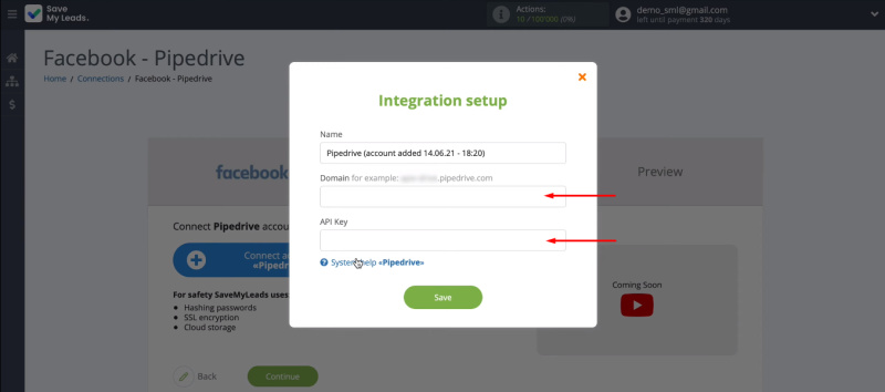 Facebook and Pipedrive integration | Fields to fill