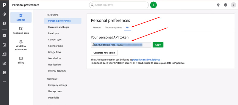 Facebook and Pipedrive integration | Copy API token