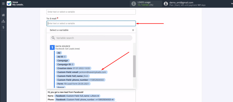 Facebook and Amazon SES integration | Set the variable