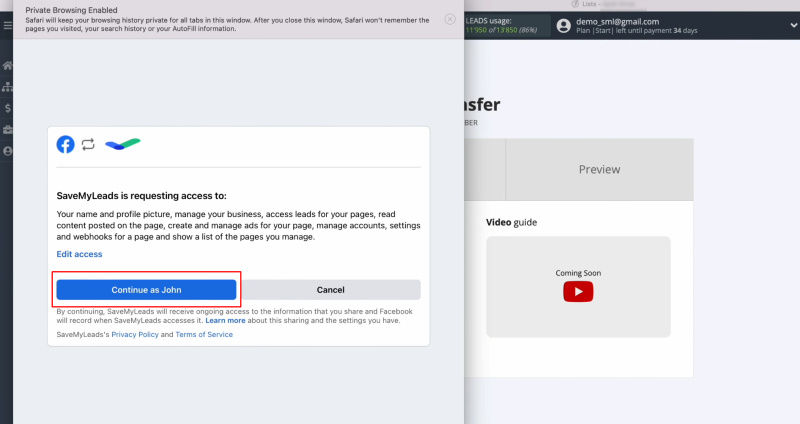 FeedBlitz and Facebook integration | Click “Continue as…”