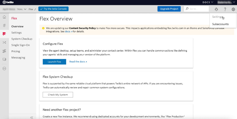 Facebook and Twilio integration | Go to the settings section