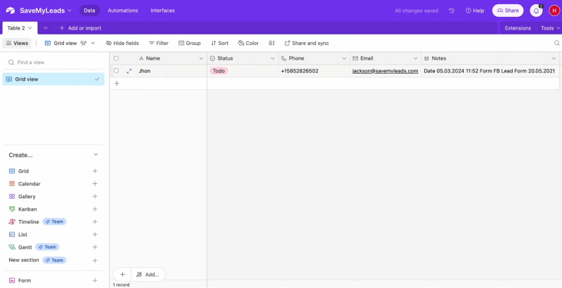 Facebook and Airtable integration | Go to Airtable and check the result