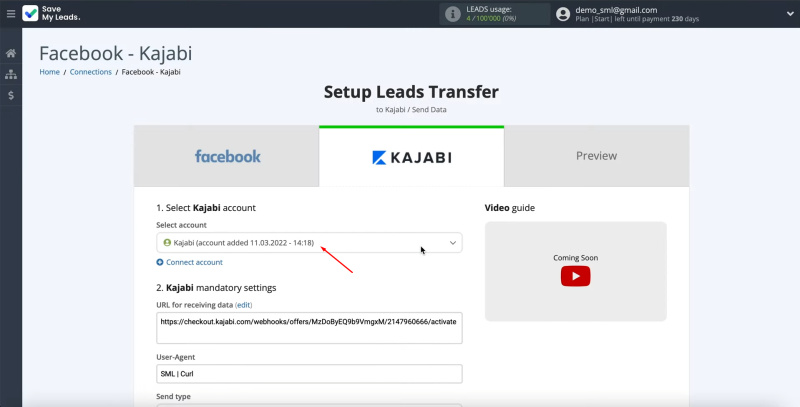 Facebook Leads Ads and Kajabi integration | Select the connected account
