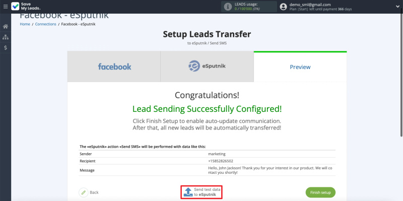 Facebook and eSputnik integration |&nbsp;Sending a message for test