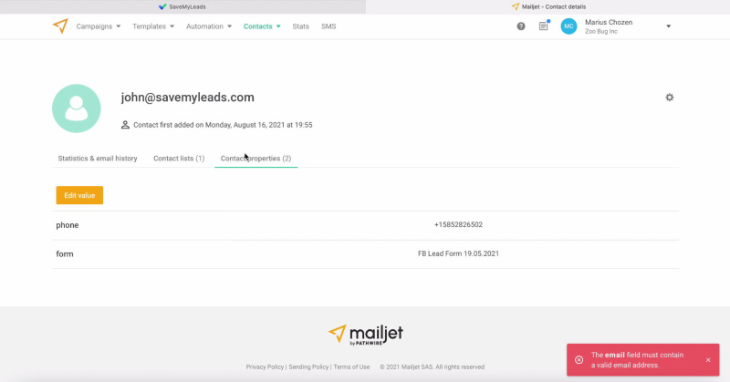 Facebook and Mailjet integration | Test data&nbsp;