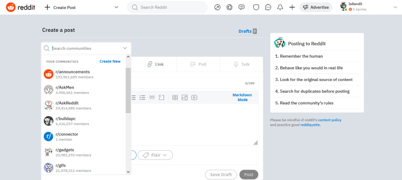 

How to make a post on Reddit | Select subreddit<br>