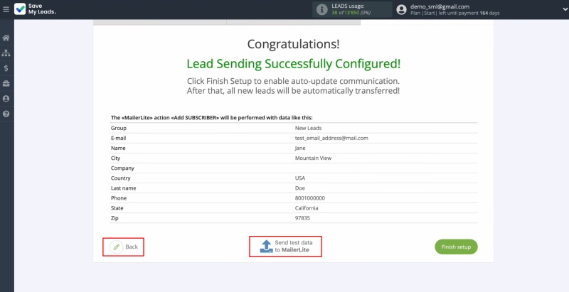MailerLite and TikTok integration | Click "Back" or “Send test data to MailerLite”