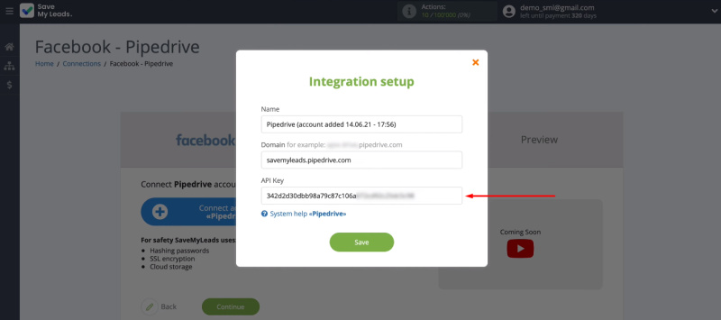 Facebook and Pipedrive integration | Paste the API key