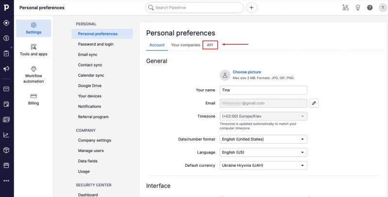 Pipedrive and Google Ads Lead Form integration | Navigate to the API tab