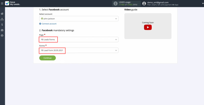 Facebook and Clickatell integration | Select the advertising page and form