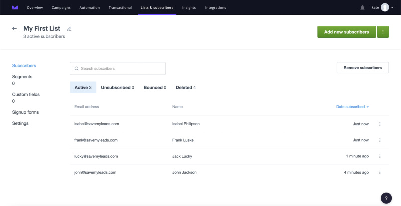 Facebook and Campaign Monitor integration | Example of contacts transferred using SaveMyLeads