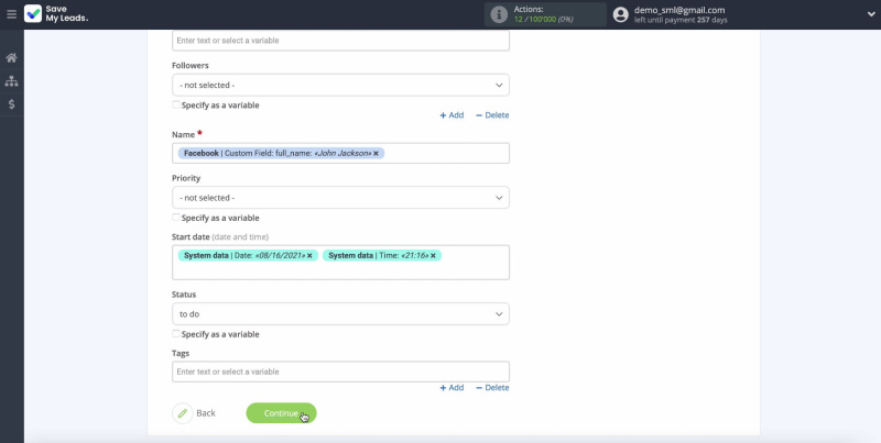 Facebook and ClickUp integration | Continue setting