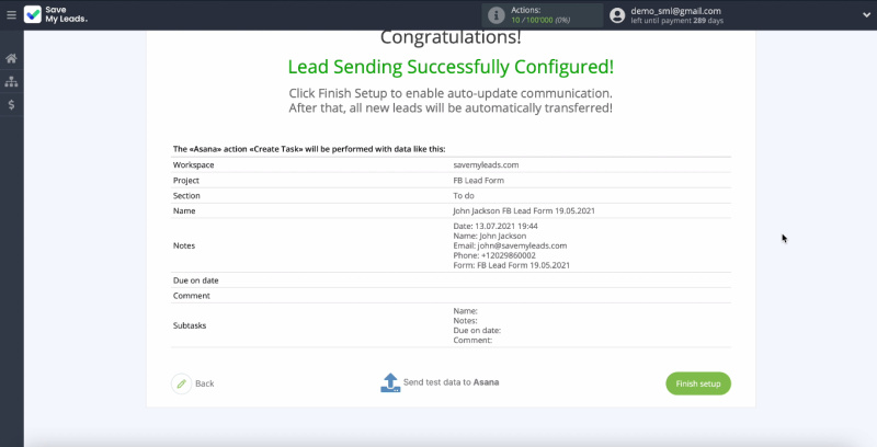 Transfer leads from Facebook Lead Ads to Asana | Send test data to Asana
