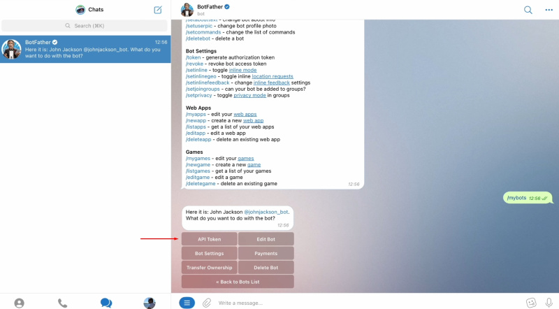 Facebook and Telegram integration | Click “API token”