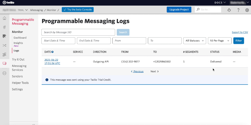 Facebook and Twilio integration | Test result