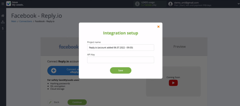 Facebook and Reply integration | Field "API Key"