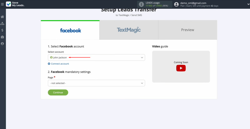 Textmagic and Facebook integration | Select the connected account