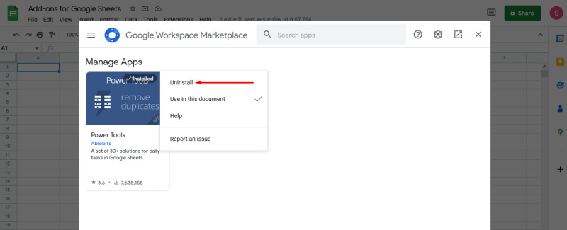 Extensions for Google Sheets | Uninstall<br>