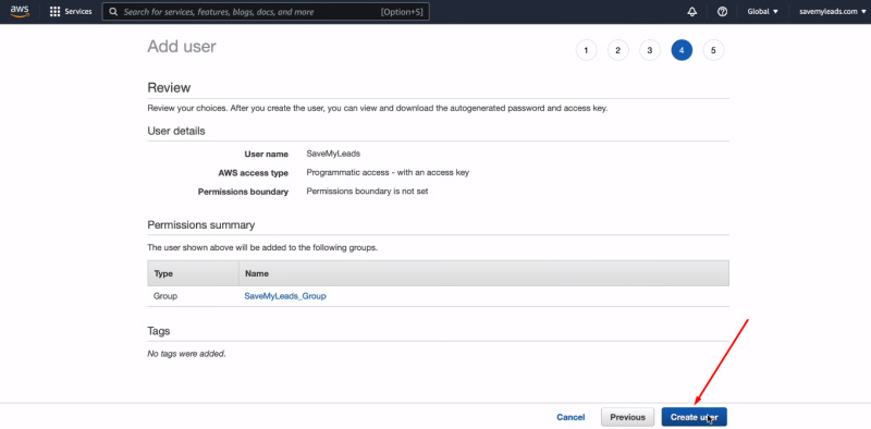Facebook and Amazon DynamoDB integration | Click “Create user”