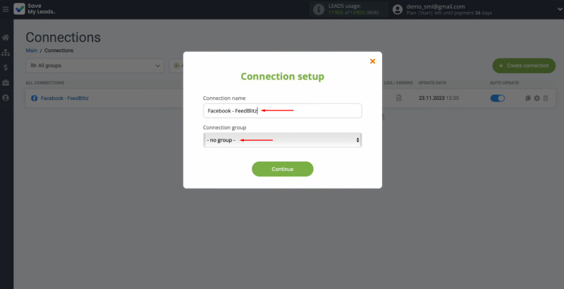 FeedBlitz and Facebook integration | Change the connection name and add it to a group