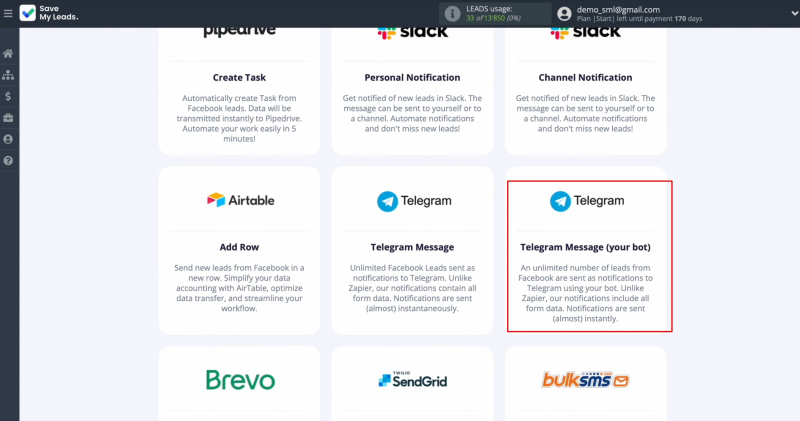 Facebook and Telegram integration | Choose the Telegram (your bot)