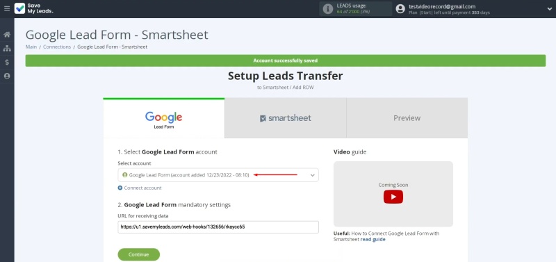 Google Ads Lead Form and Smartsheet integration | Select the connected login from the list