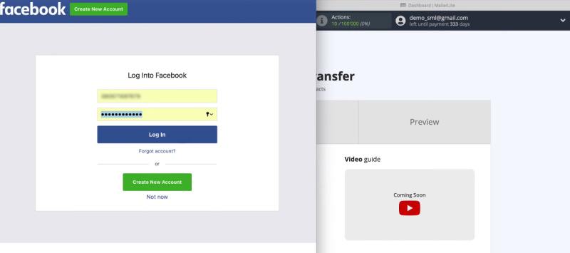 Facebook and MailerLite integration | Enter login and password