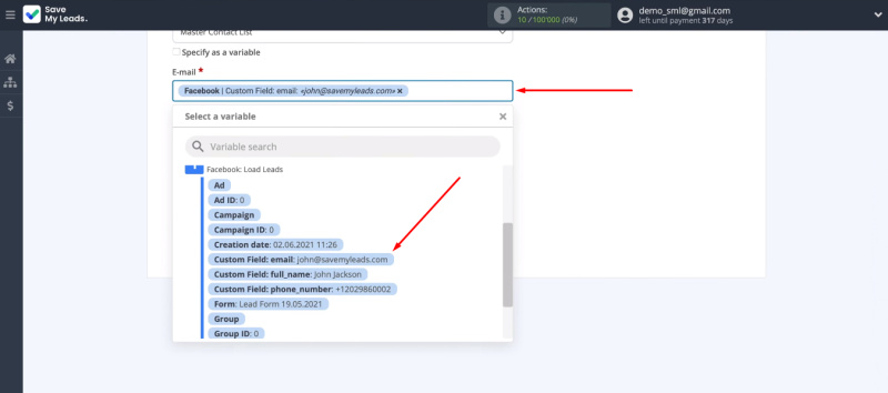 Facebook and ActiveCampaign integration | Facebook variables&nbsp;
