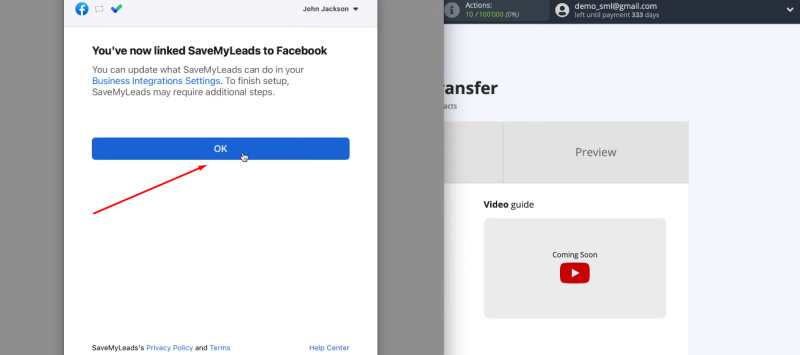Facebook and MailerLite integration | Press "OK" button