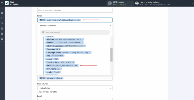 Fill the fields with the appropriate TikTok variables